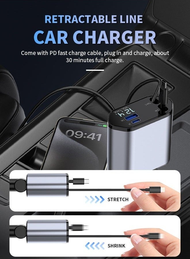 شاحن سيارة قابل للسحب 4 في 1 – شحن سريع لأجهزة iPhone و Type-C، مزود بمنفذي USB وPD، مناسب للهواتف وسماعات الأذن والأجهزة اللوحية - Image 2